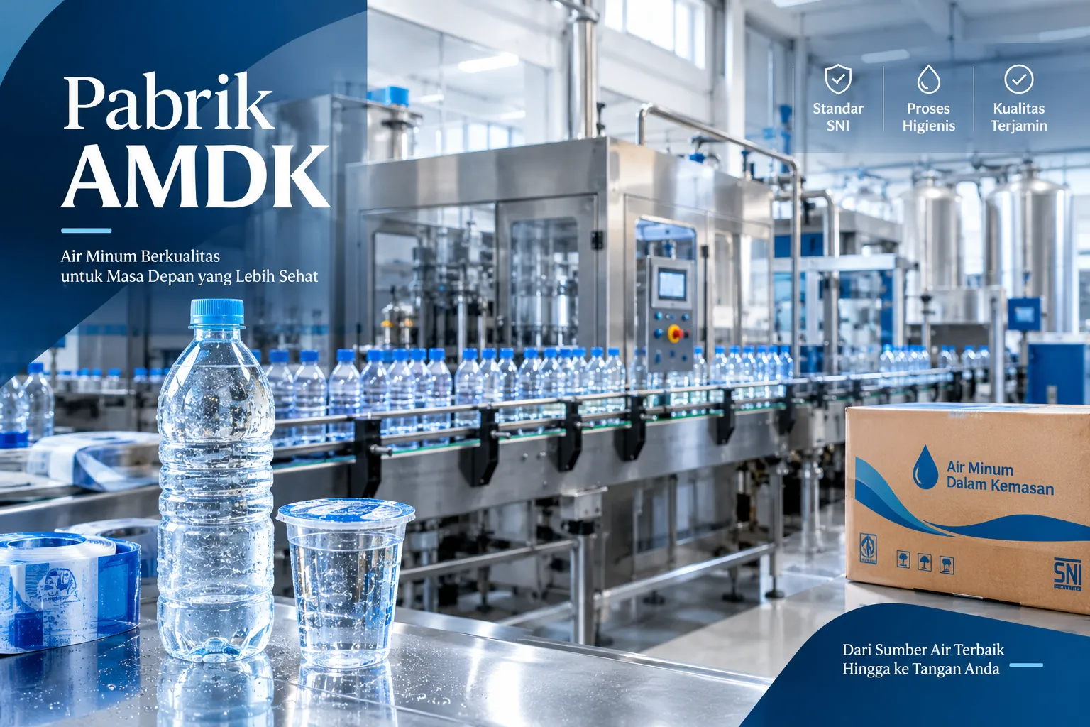 Pabrik AMDK siap produksi dengan kemasan lid cup, sedotan, dan karton untuk distribusi
