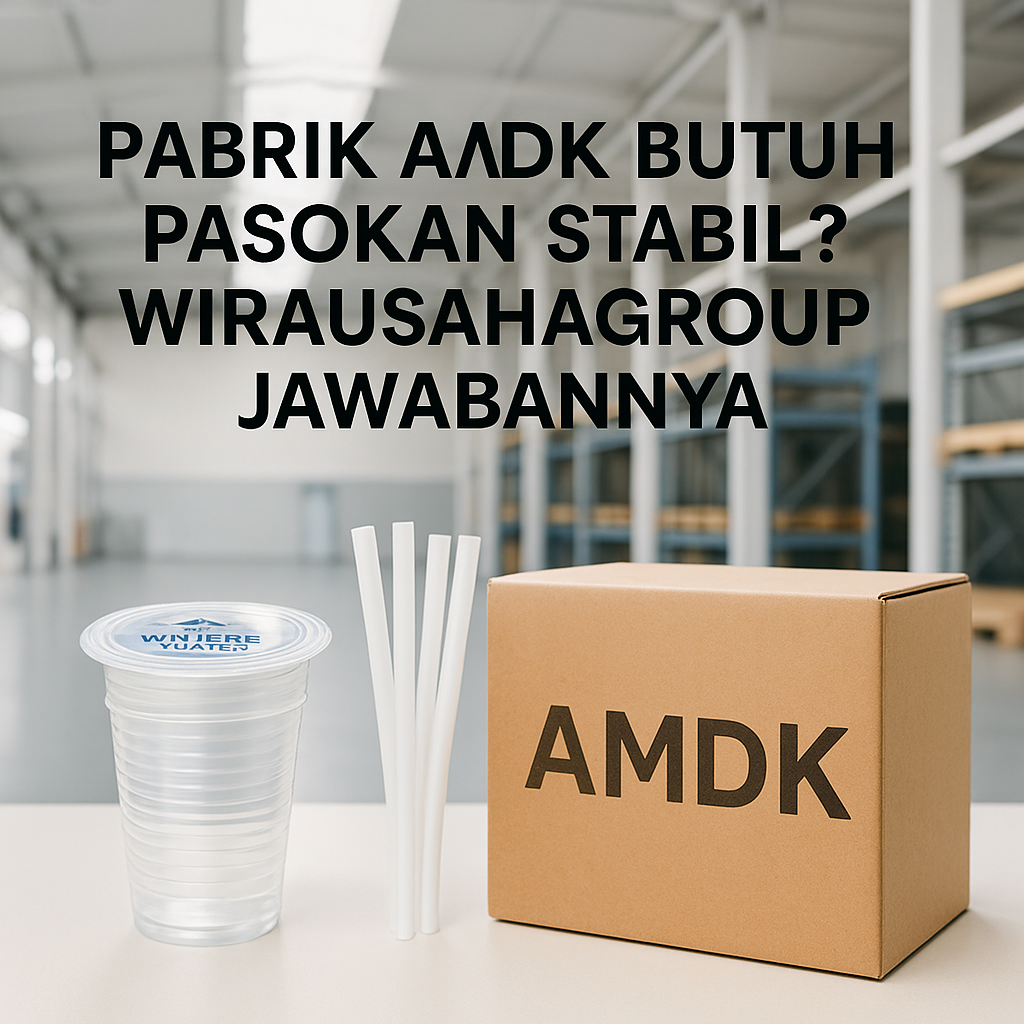 Pabrik AMDK dengan kemasan lid cup, sedotan, dan karton siap distribusi
