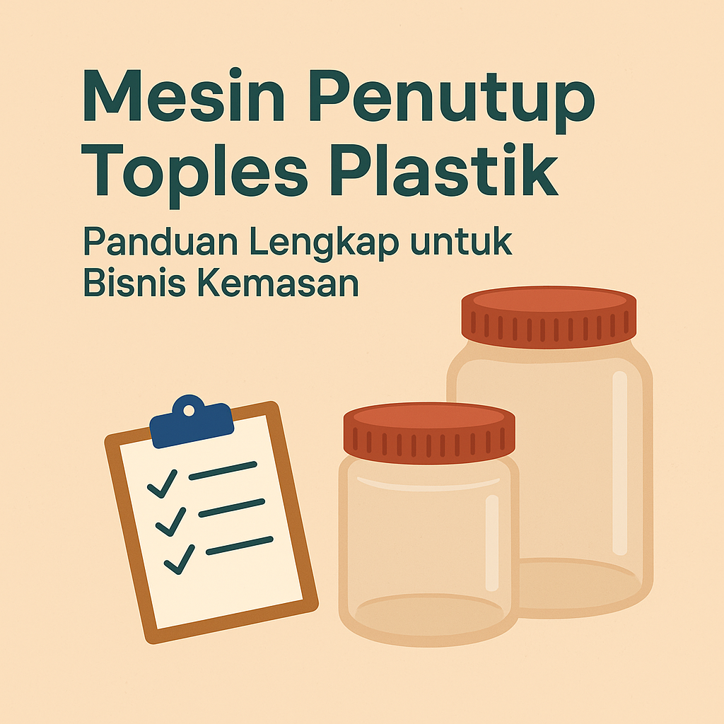 Ilustrasi mesin capping plastik dengan kepala press otomatis dan toples transparan yang siap ditutup rapat.