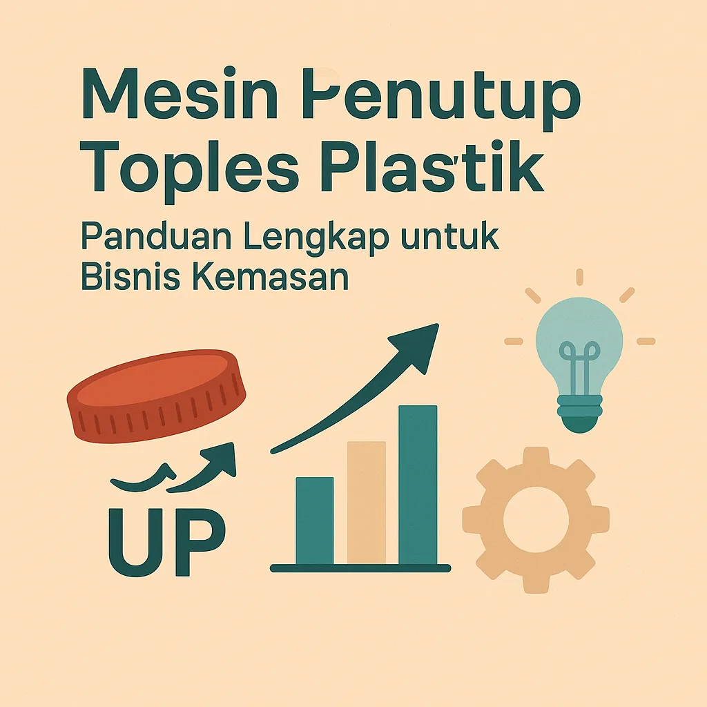 Grafis panduan bisnis kemasan modern, menampilkan tutup plastik, grafik naik, dan ikon industri sebagai representasi alat penutup botol dan mesin capping.