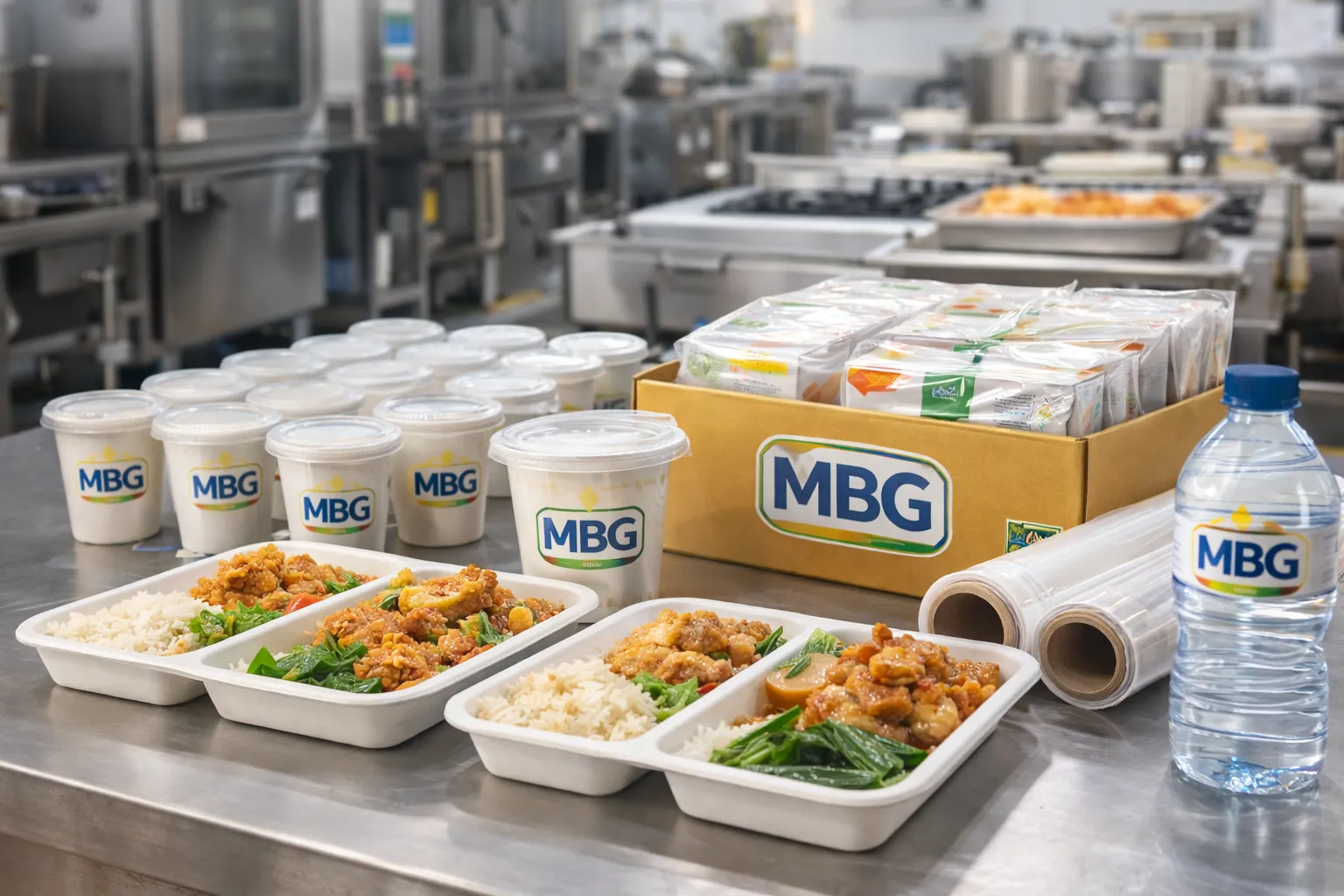 Tray makanan sekolah dan cup plastik food grade yang digunakan dalam distribusi makan bergizi gratis di dapur MBG