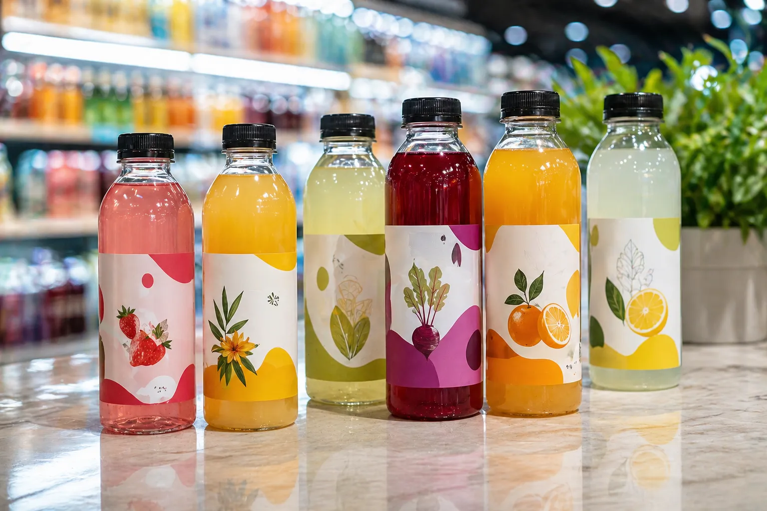 Desain botol PET premium dengan shrink sleeve modern untuk kemasan minuman plastik