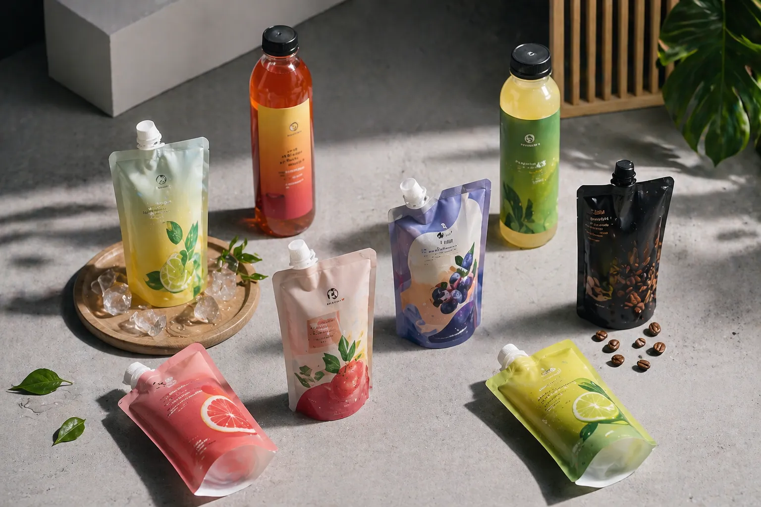 Standing pouch minuman premium dengan desain kemasan fleksibel dan visual branding modern